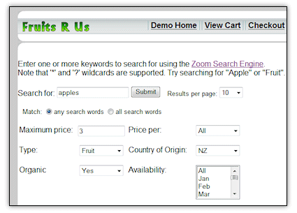 Screenshot of demo fruit shop site featuring Zoom's Custom Meta Fields search