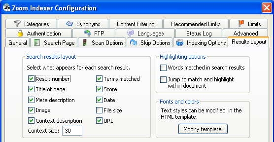 Zoom Indexer configuration screenshot